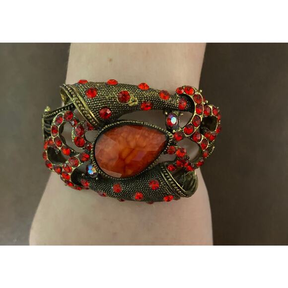 None Jewelry - Vintage Costume‎ Bracelet Unique Red Jewel Ribbon Spring Clasp Cuff Wearable Art